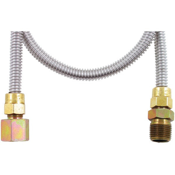 Gas Dryer & Water Heater Flex-Line (1-2" OD; 3-8" ID; 48" gas dryer fitted with 1-2" MIP x 1-2" FIP; Tapped with 3-8" FIP; Polybagged)