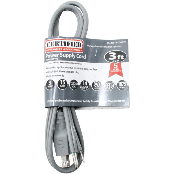 CERTIFIED APPLIANCE 15-0343ST Flat Appliance Power Cord, 15 Amps (3ft)