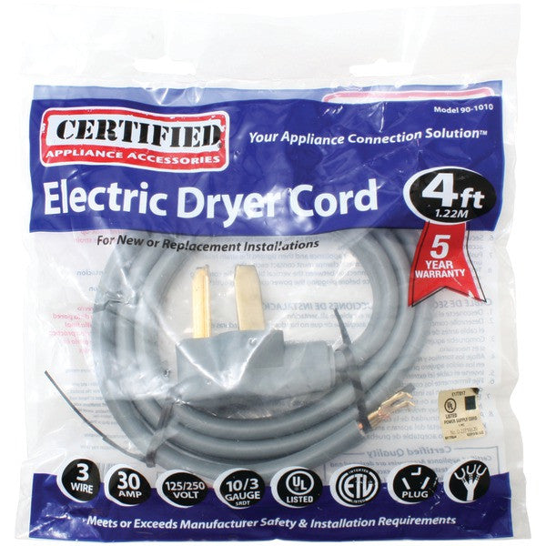 CERTIFIED APPLIANCE 90-1010 3-Wire Dryer Cord, 30 Amps (4ft, Open Eyelet)