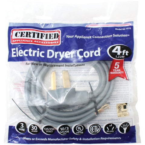 CERTIFIED APPLIANCE 90-1010 3-Wire Dryer Cord, 30 Amps (4ft, Open Eyelet)