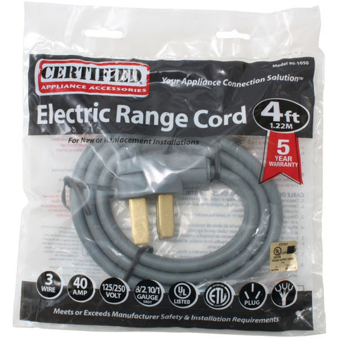 CERTIFIED APPLIANCE 90-1050 3-Wire Range Cord (4ft; 40A)