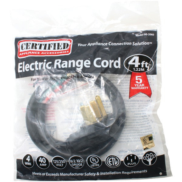 CERTIFIED APPLIANCE 90-2060 4-Wire Range Cord, 40 Amps (4ft)