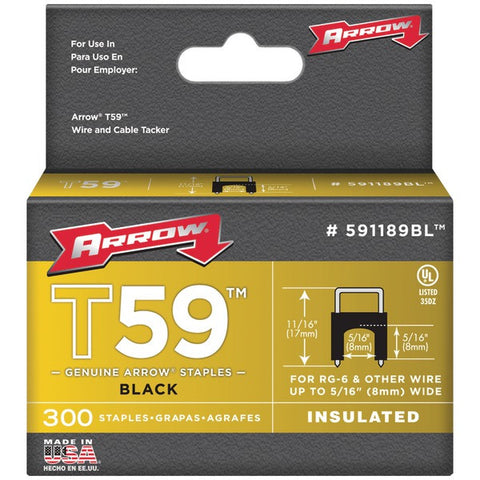 ARROW FASTENER 591189BL Black T59 Insulated Staples for RG59 quad & RG6, 5-16" x 5-16", 300 pk