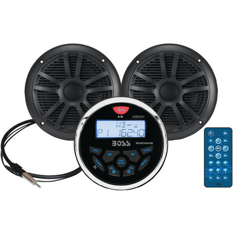 BOSS AUDIO MCKGB350B.6 Marine-Gauge System with In-Dash Mechless AM-FM Receiver, Speakers & Antenna (Black Speakers)