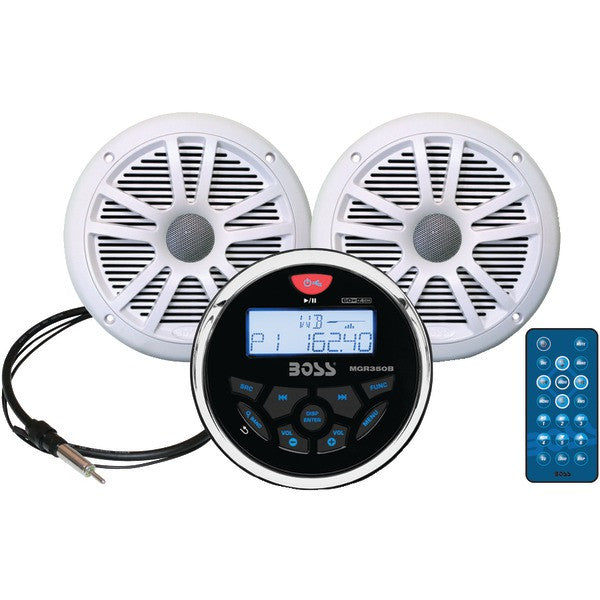 BOSS AUDIO MCKGB350W.6 Marine-Gauge System with In-Dash Mechless AM-FM Receiver, Speakers & Antenna (White Speakers)