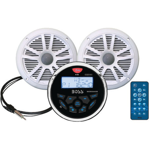 BOSS AUDIO MCKGB350W.6 Marine-Gauge System with In-Dash Mechless AM-FM Receiver, Speakers & Antenna (White Speakers)