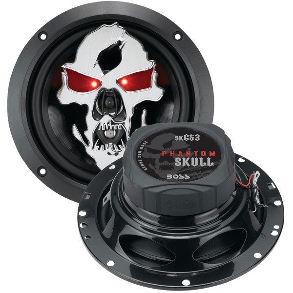 BOSS AUDIO SK653 Phantom Skull Series 3-Way Black Injection Cone Speakers with Custom-Tooled Removable Skull Covers (6.5")