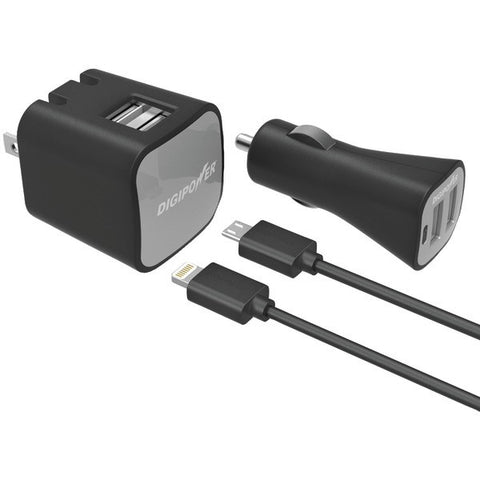 DIGIPOWER IS-PK2ML InstaSense(TM) 2.4-Amp Dual-Port USB Car Charger & Wall Charger with 5ft Lightning(R) & Micro USB Cables