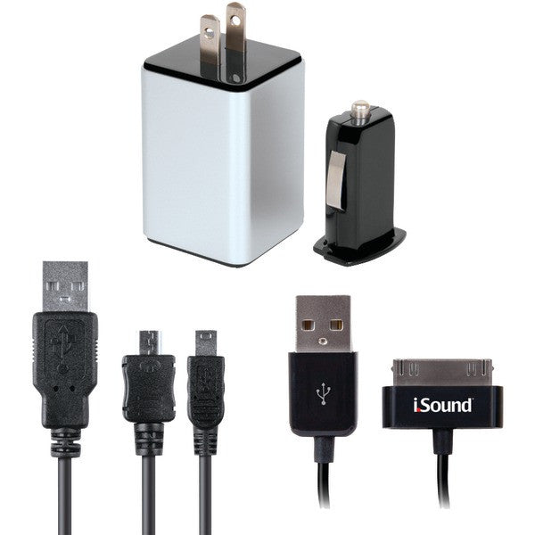 ISOUND ISOUND-2149 iPad(R)-iPhone(R)-iPod(R) & USB Device 2.1-Amp 4-in-1 Combo Charger Pack