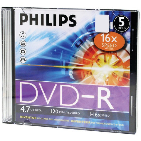 PHILIPS DM4S6S05F-17 4.7GB 16x DVD-Rs with Slim Jewel Cases, 5 pk