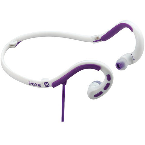 IHOME iB14WUX Water-Resistant Behind-the-Neck Sport Earbuds with Microphone (Purple-White)