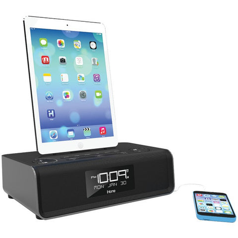 IHOME iDL43B iPad(R)-iPhone(R)-iPod(R) Dual-Charging FM Clock Radio with Lightning(R) Dock