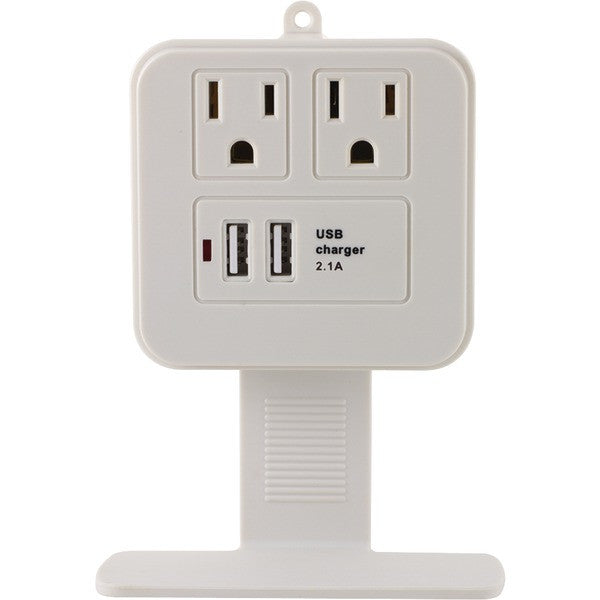 GE 14627 2-Outlet Surge Protector Wall Tap with Phone Shelf & 2.1A USB Charging