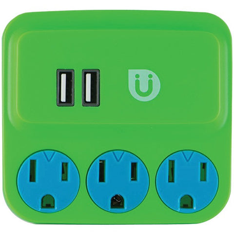 GE 25113 Uber(TM) 3-Outlet Power Tap with 2 USB Ports (Green & Blue)
