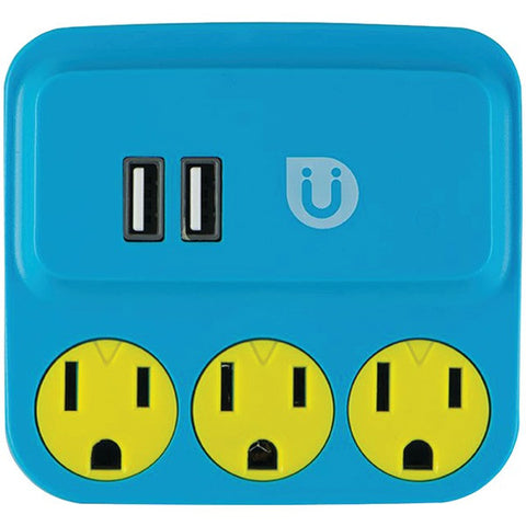 GE 25114 Uber(TM) 3-Outlet Power Tap with 2 USB Ports (Blue & Yellow)