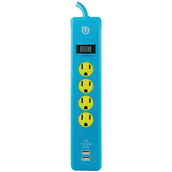 GE 25117 Uber(TM) 4-Outlet Power Strip with 2 USB Ports, 4ft Cord (Blue & Yellow)