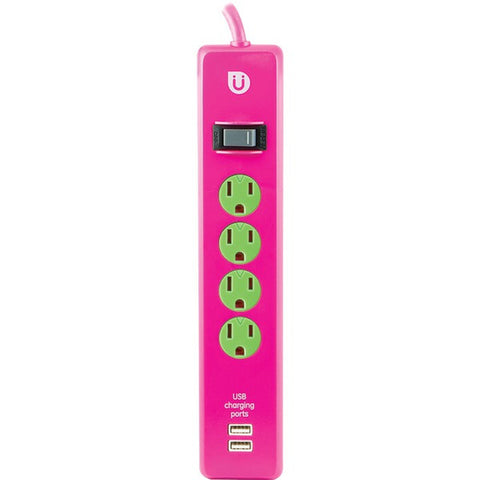 GE 25118 Uber(TM) 4-Outlet Power Strip with 2 USB Ports, 4ft Cord (Pink & Green)