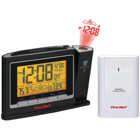 FIRST ALERT SFA2800 Radio-Controlled Weather Station Projection Clock Radio with Wireless Sensor