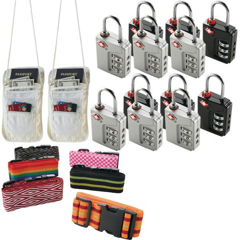 Travel Accessories Kit With Security Straps, Locks And Pouches