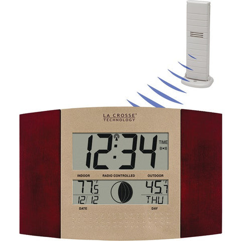 LA CROSSE TECHNOLOGY WS-8117U-IT-C Digital Atomic Wall Clock (Indoor-Outdoor Temperature; Cherry Wood Finish)
