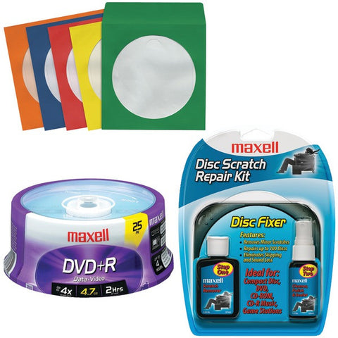 Maxell 25ctkit 25 Count Dvd+r, 50 Color Sleeves, Scratch Repair Kit