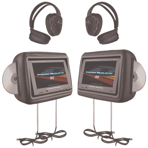 POWER ACOUSTIK HDVD-9BK 8.8" LCD Universal Headrest Monitors with Twin DVD Player Combo, IR & FM Transmitters & 2 Pairs of Headphones (Black)