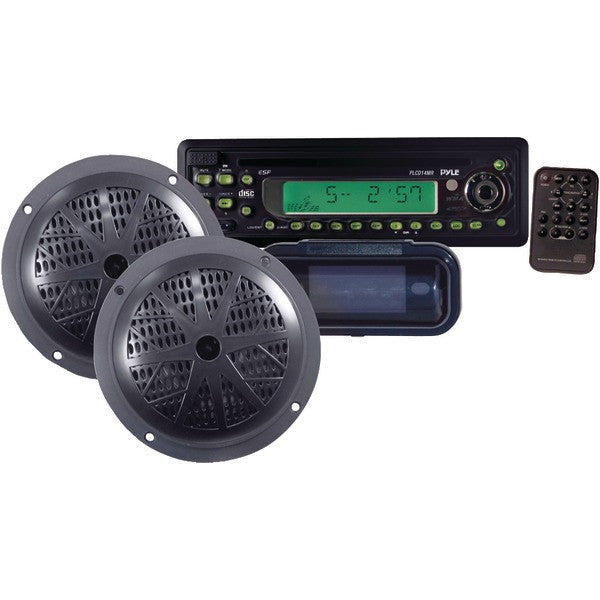 PYLE PRO PLCD14MRKT Marine Single-DIN In-Dash CD AM-FM-MPX Receiver with Two 5.25" Speakers & Splashproof Radio Cover (Black)