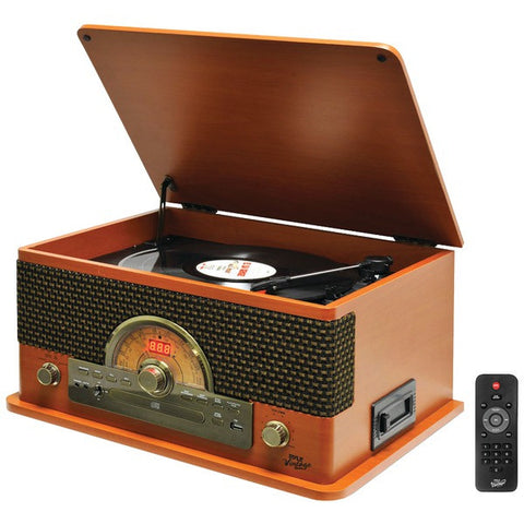 PYLE PRO PTCD56UBWD Retro-Style Bluetooth(R) Turntable with Vinyl to MP3 Recording, CD Player & Cassette Player (Wood Style)