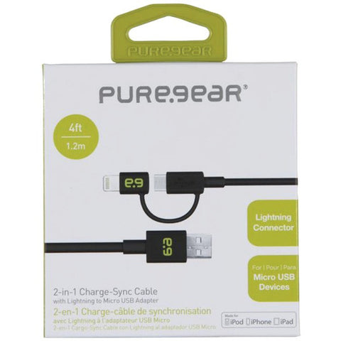 Puregear 99966VRP Charge & Sync 2-in-1 Micro USB Cable with Lightning(R) Adapter, 4ft