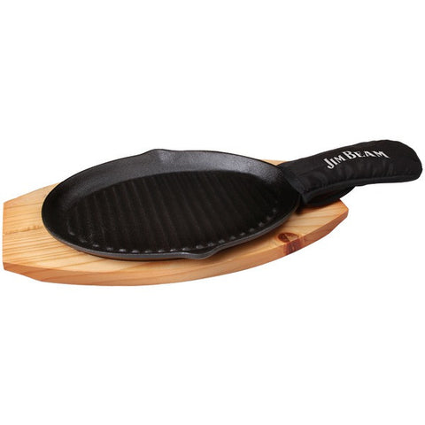JIM BEAM JB0159 Cast Iron Skillet with Wooden Plate & Handle Cover