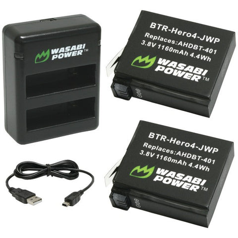 WASABI POWER KIT-BB-Hero4 GoPro(R) HERO(R)4 Dual USB Charger & 2 Li-Ion Batteries Kit