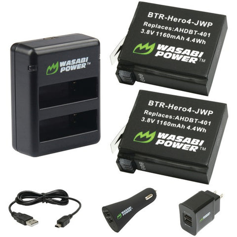 WASABI POWER KIT-US-Hero4 GoPro(R) HERO(R)4 Dual USB Charger & 2 Li-Ion Batteries with Car Adapter Kit